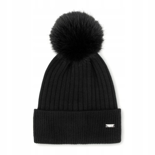 Czapka damska WITTCHEN 99-HF-030-1 z futerkowym pomponem czarna