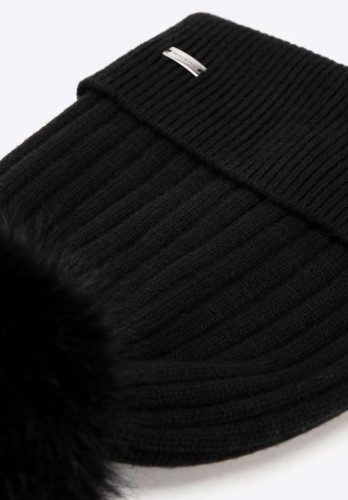 Czapka damska WITTCHEN 99-HF-030-1 z futerkowym pomponem czarna