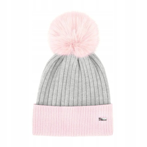 Czapka damska WITTCHEN 99-HF-030-8 z futerkowym pomponem szaro - różowa