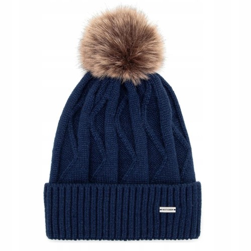 Czapka damska Wittchen 101-HF-005-N zimowa z pomponem granatowa