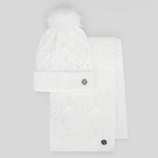 Damski komplet czapka z pomponem i szalik WITTCHEN 101-SF-023-0 biały