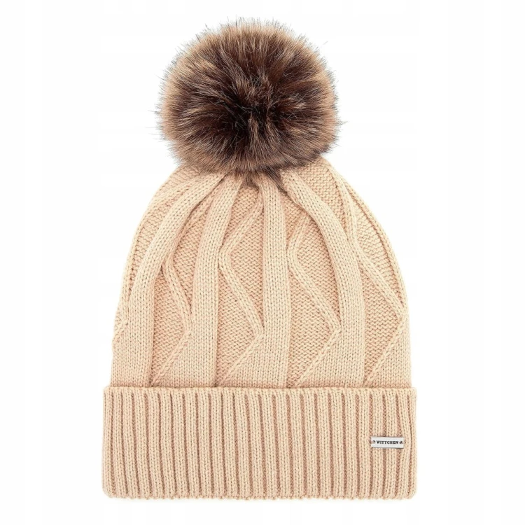 Czapka damska Wittchen 101-HF-005-95 zimowa z pomponem beżowa